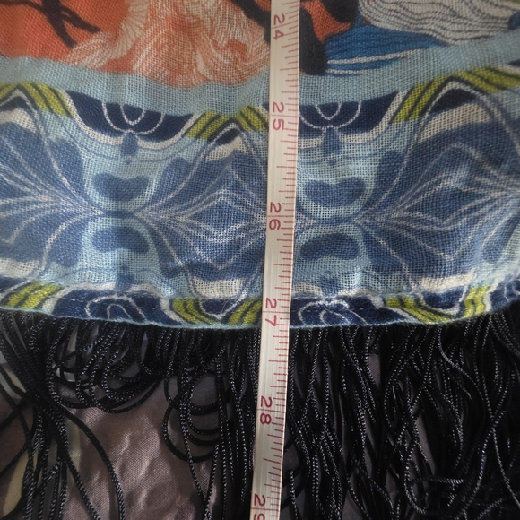Chico's Floral Kimono Topper Ruana Fringe Orange Blue Black Size Small/Medium - Picture 13 of 16